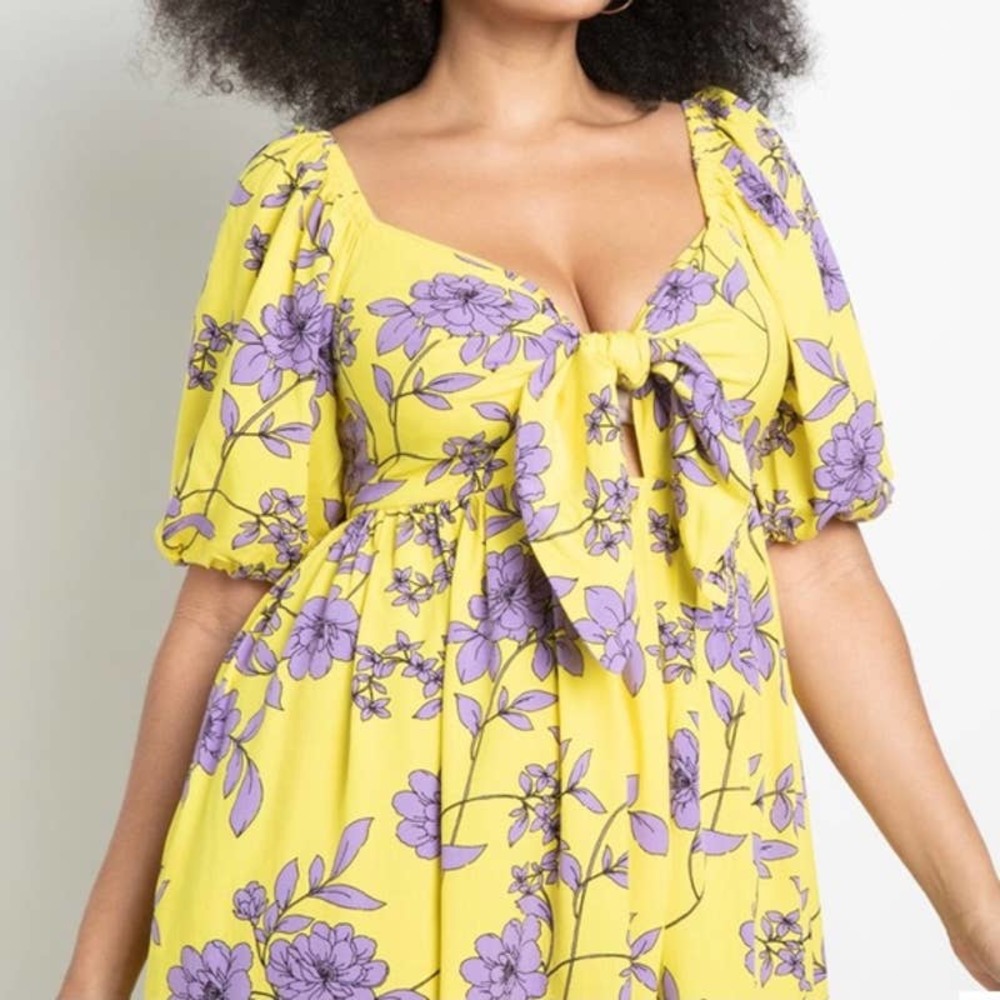 Eloquii Yellow Purple Tie Front Skirted Maxi Dress Flirty Sexy Romantic, 16 - Picture 2 of 9